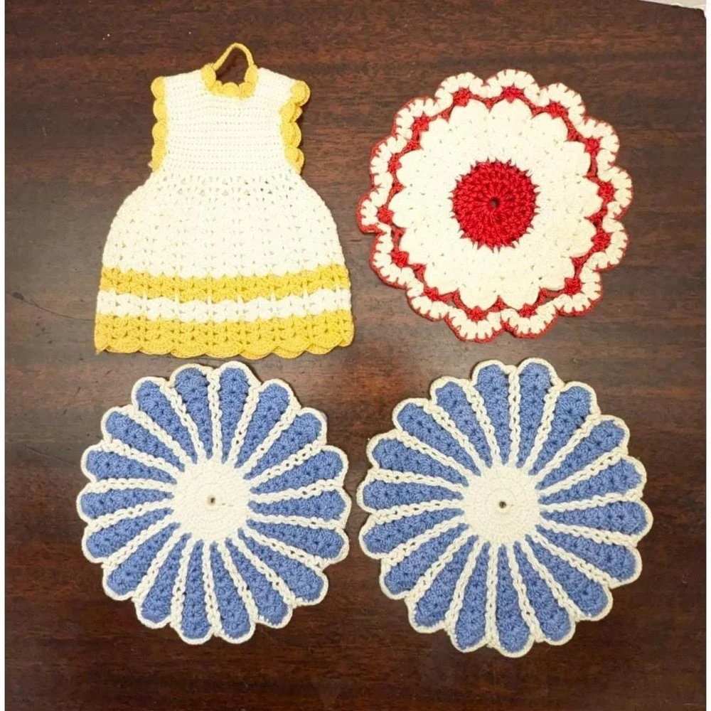 Vintage Handmade Crochet Potholders Lot of 4 Dress Flower Blue Red Yellow Retro